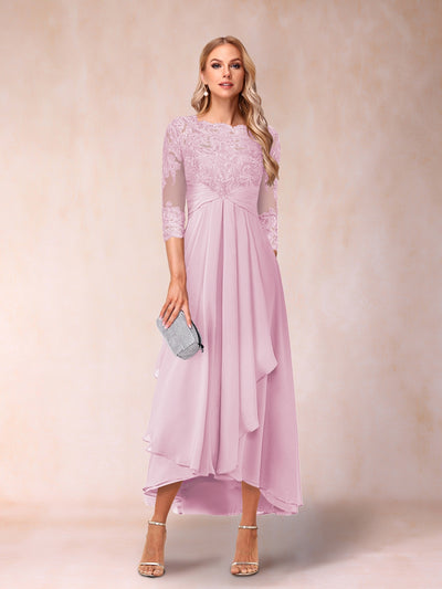 A-Line/Princess Sheer Neck 3/4 Sleeves Long Formal Evening Dresses with Beading & Appliques