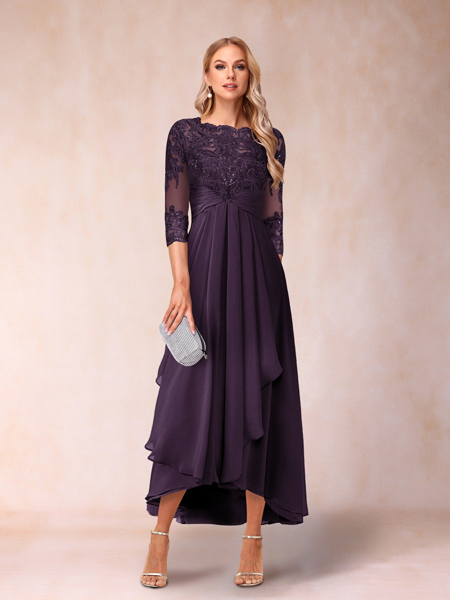 A-Line/Princess Sheer Neck 3/4 Sleeves Long Formal Evening Dresses with Beading & Appliques