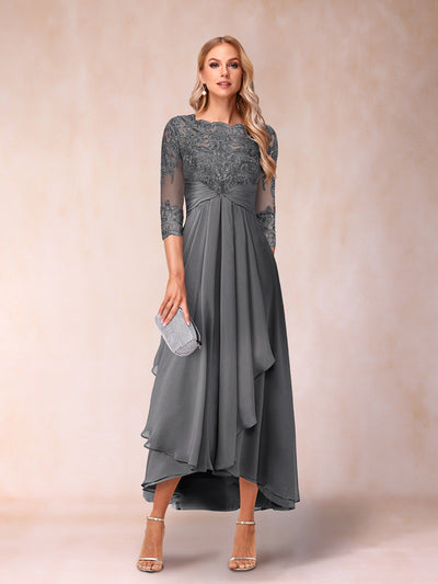 A-Line/Princess Sheer Neck 3/4 Sleeves Long Formal Evening Dresses with Beading & Appliques