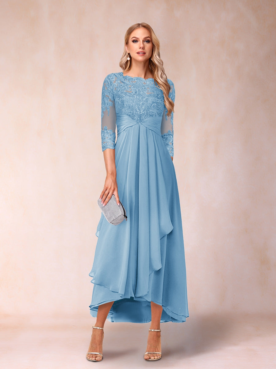 A-Line/Princess Sheer Neck 3/4 Sleeves Long Formal Evening Dresses with Beading & Appliques