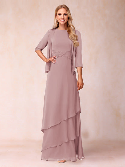 A-Line/Princess Scoop Ruched Floor-Length Mother of the Bride Dresses with Ruffles & Jacket