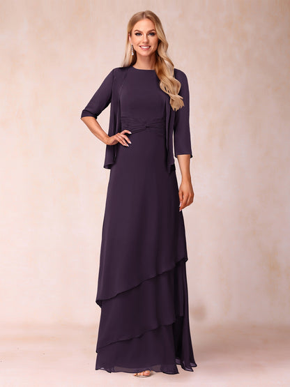 A-Line/Princess Scoop Ruched Floor-Length Mother of the Bride Dresses with Ruffles & Jacket