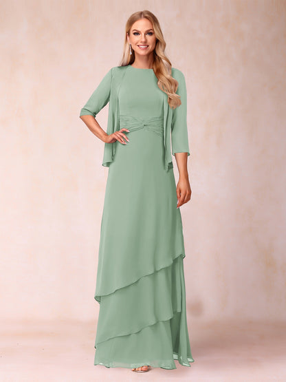 A-Line/Princess Scoop Ruched Floor-Length Mother of the Bride Dresses with Ruffles & Jacket