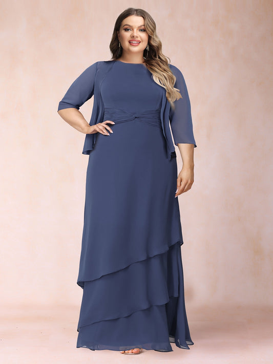 A-Line/Princess Scoop Ruched Floor-Length Plus Size Mother of the Bride Dresses with Ruffles & Jacket