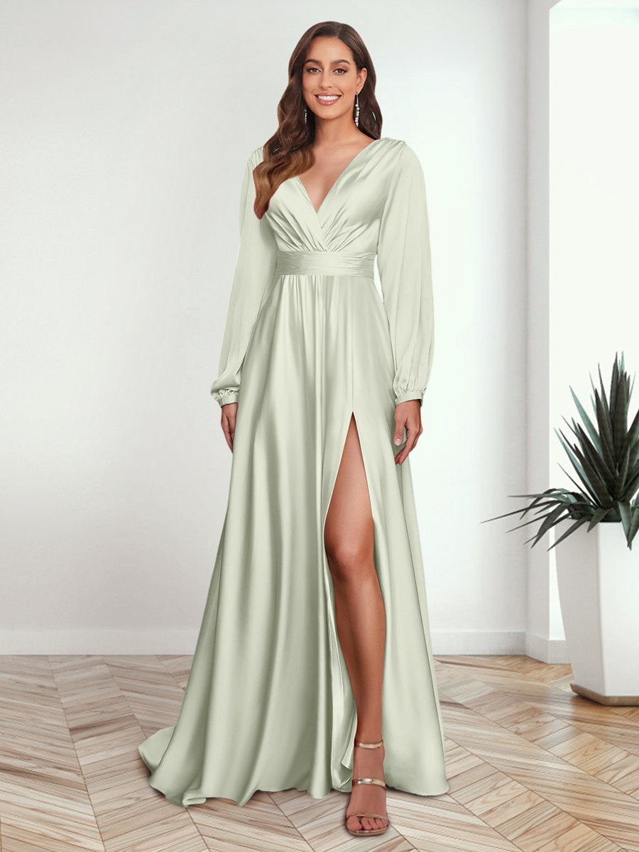 A-Line/Princess V-Neck Long Sleeves FLoor-Length Formal Dresses with Split Side