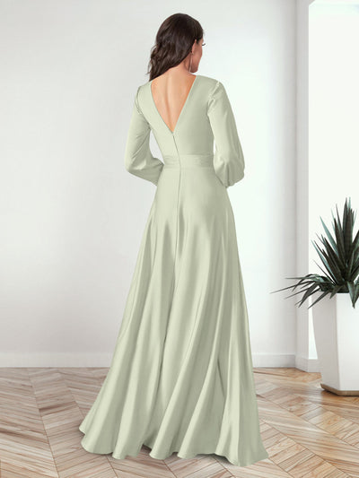 A-Line/Princess V-Neck Long Sleeves FLoor-Length Formal Dresses with Split Side