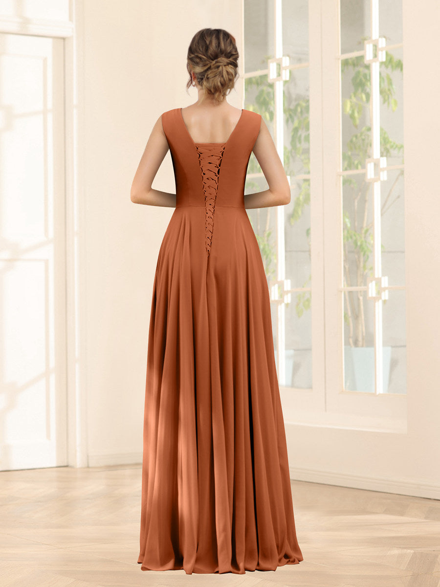 A-Line V-Neck Sleeveless Chiffon Bridesmaid Dresses With Pockets