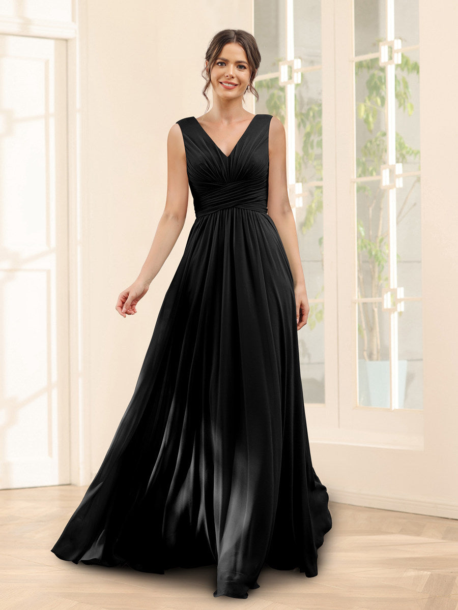 A-Line V-Neck Sleeveless Chiffon Bridesmaid Dresses With Pockets