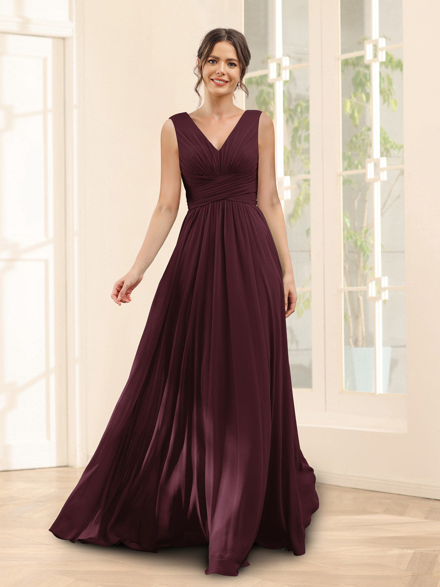 A-Line V-Neck Sleeveless Chiffon Bridesmaid Dresses With Pockets