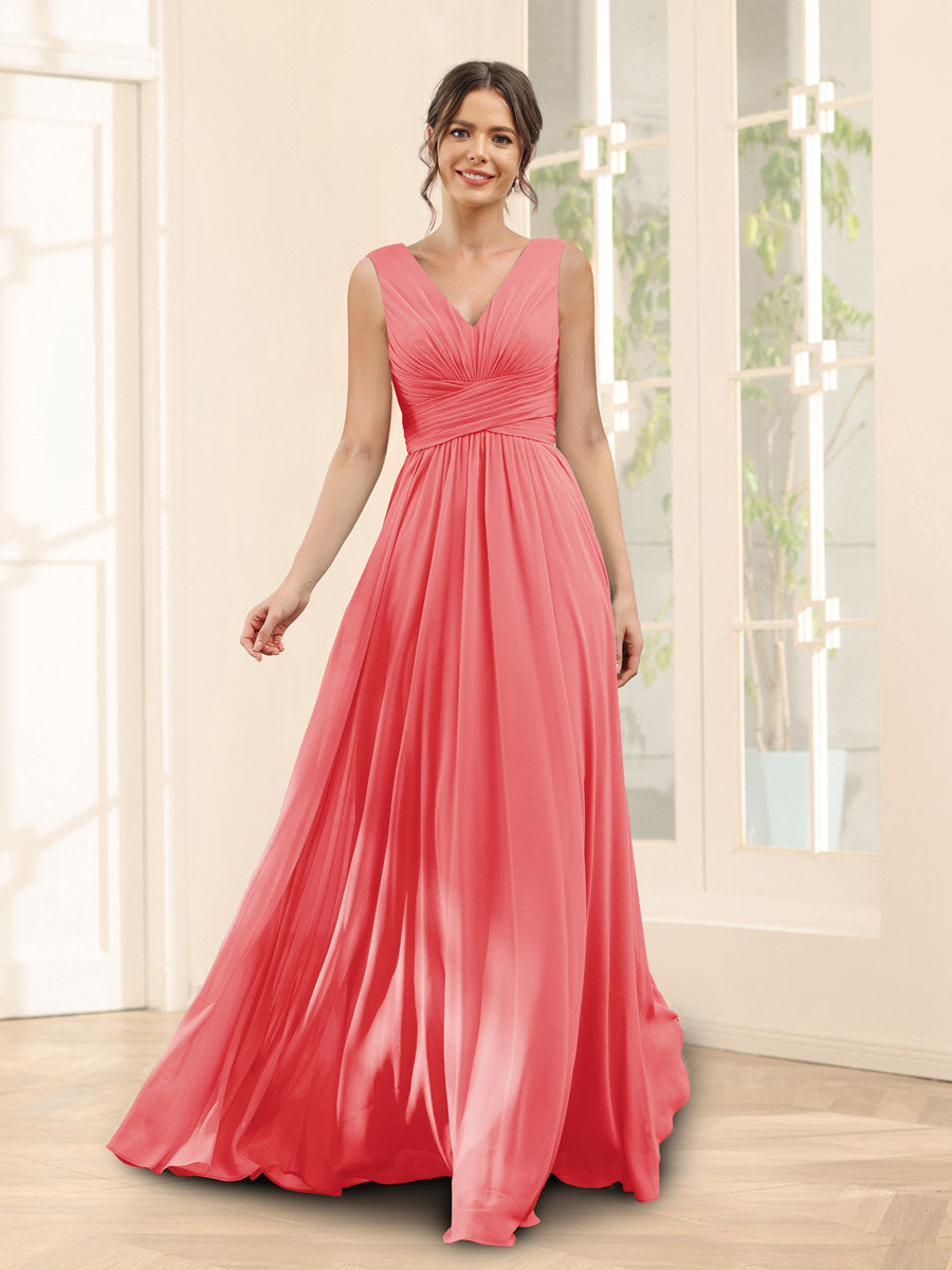 A-Line V-Neck Sleeveless Chiffon Bridesmaid Dresses With Pockets