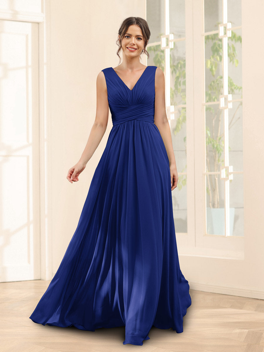 A-Line V-Neck Sleeveless Chiffon Bridesmaid Dresses With Pockets