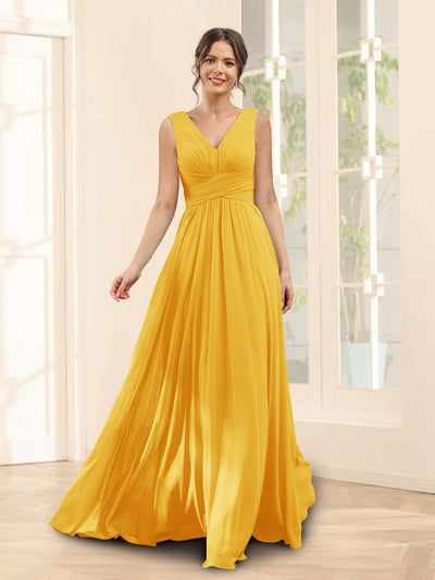 A-Line V-Neck Sleeveless Chiffon Bridesmaid Dresses With Pockets