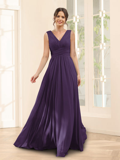 A-Line V-Neck Sleeveless Chiffon Bridesmaid Dresses With Pockets