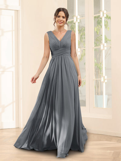 A-Line V-Neck Sleeveless Chiffon Bridesmaid Dresses With Pockets