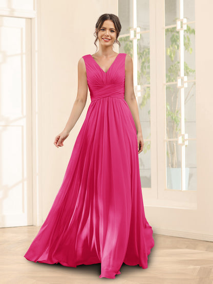 A-Line V-Neck Sleeveless Chiffon Bridesmaid Dresses With Pockets