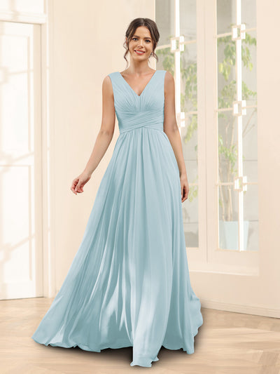 A-Line V-Neck Sleeveless Chiffon Bridesmaid Dresses With Pockets