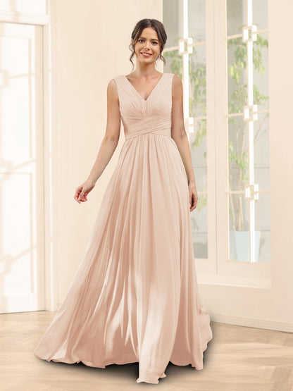 A-Line V-Neck Sleeveless Chiffon Bridesmaid Dresses With Pockets