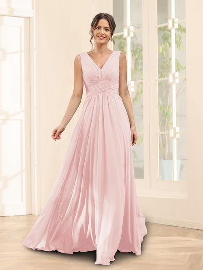 A-Line V-Neck Sleeveless Chiffon Bridesmaid Dresses With Pockets