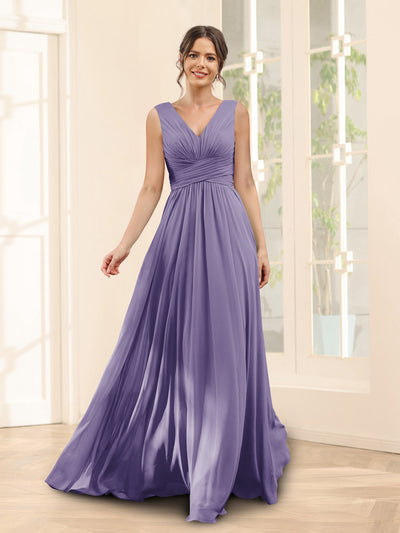 A-Line V-Neck Sleeveless Chiffon Bridesmaid Dresses With Pockets