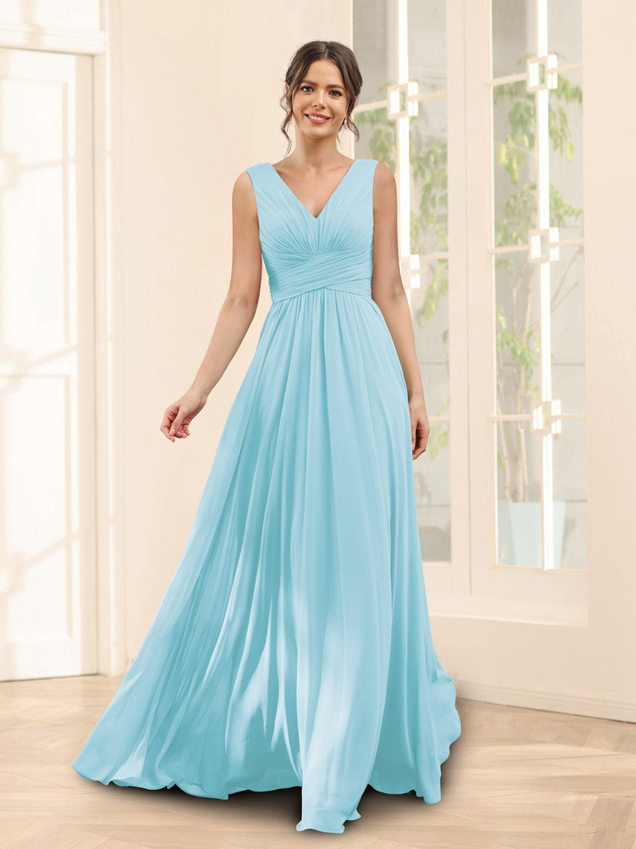 A-Line V-Neck Sleeveless Chiffon Bridesmaid Dresses With Pockets