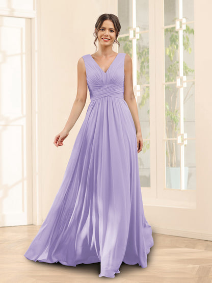 A-Line V-Neck Sleeveless Chiffon Bridesmaid Dresses With Pockets