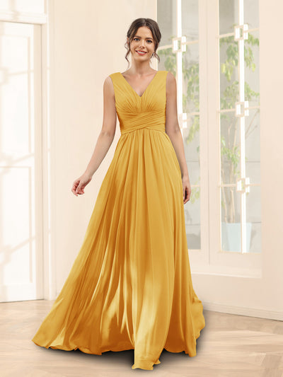 A-Line V-Neck Sleeveless Chiffon Bridesmaid Dresses With Pockets