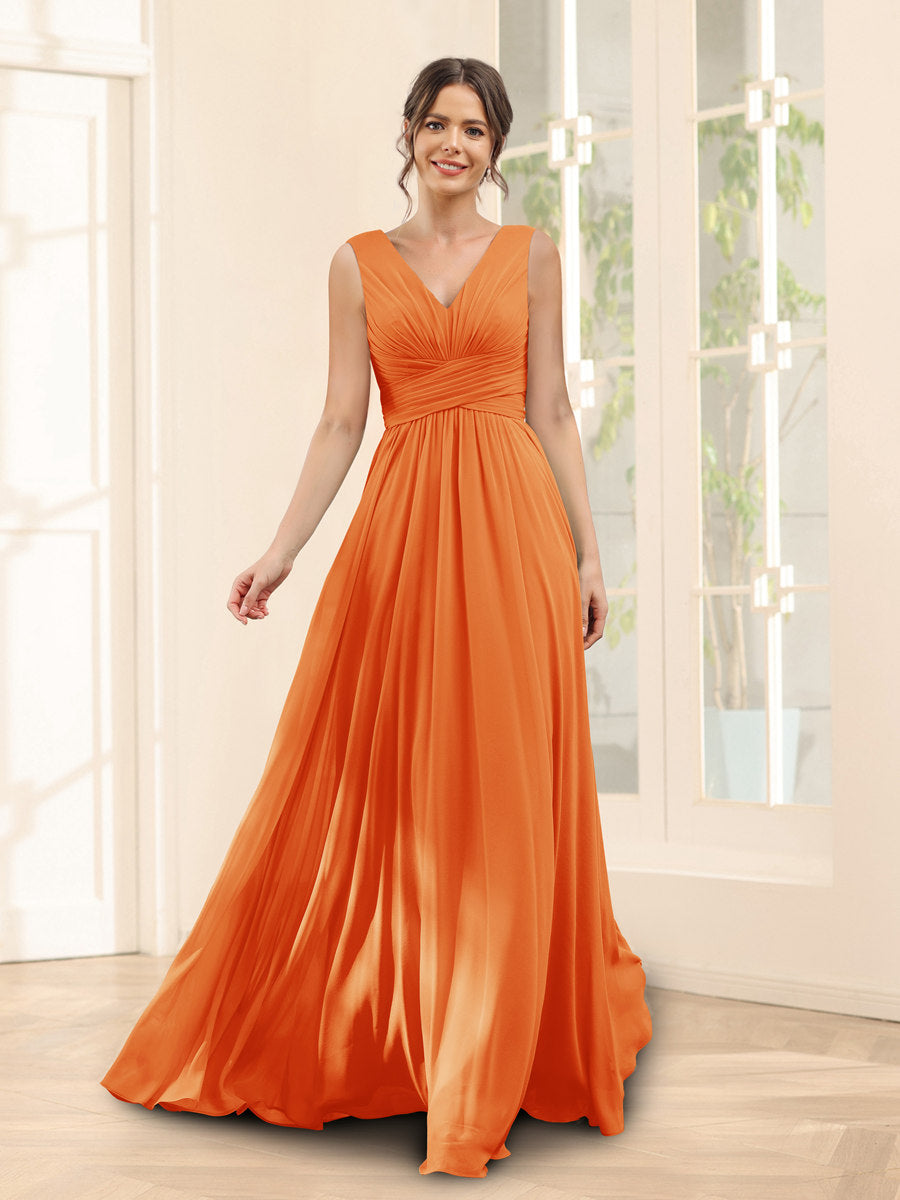 A-Line V-Neck Sleeveless Chiffon Bridesmaid Dresses With Pockets