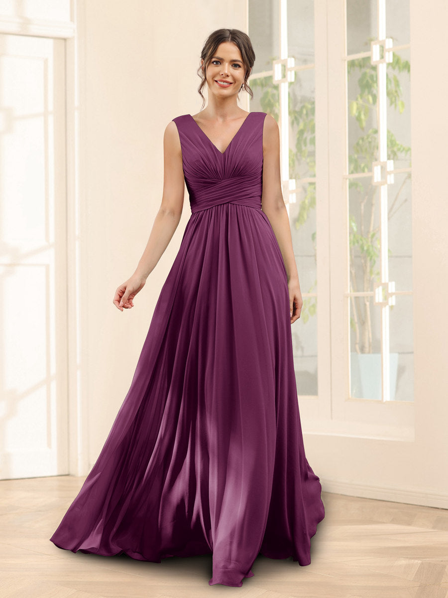 A-Line V-Neck Sleeveless Chiffon Bridesmaid Dresses With Pockets