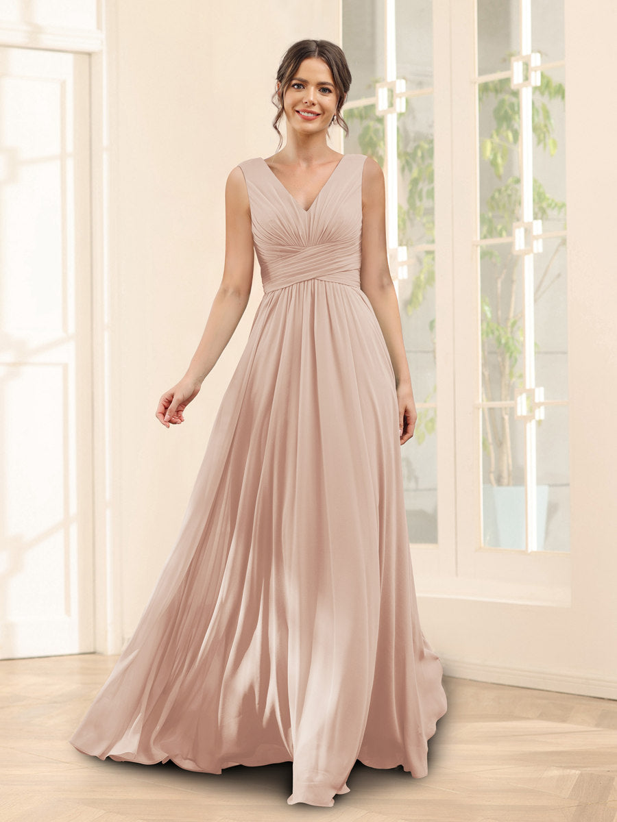 A-Line V-Neck Sleeveless Chiffon Bridesmaid Dresses With Pockets