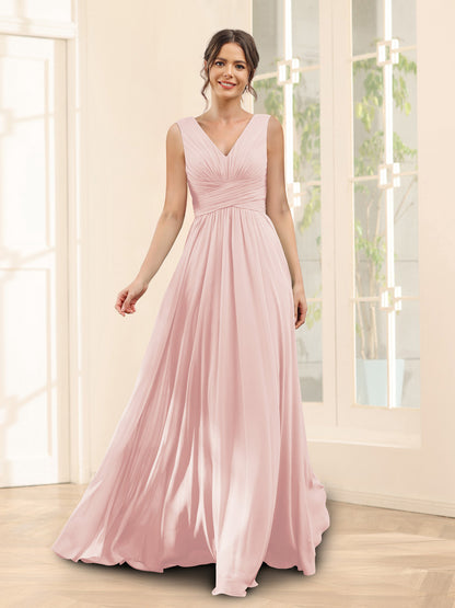 A-Line V-Neck Sleeveless Chiffon Bridesmaid Dresses With Pockets