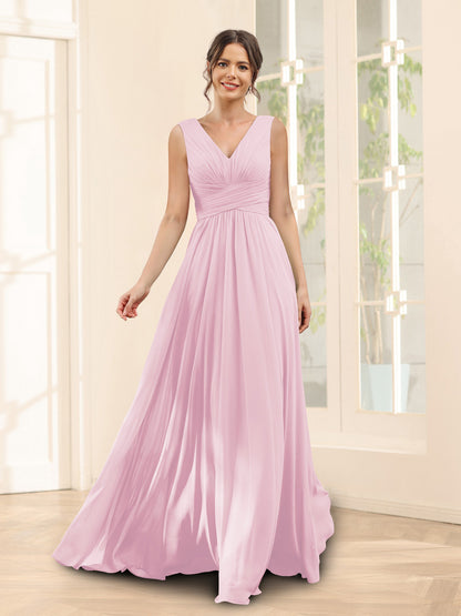 A-Line V-Neck Sleeveless Chiffon Bridesmaid Dresses With Pockets