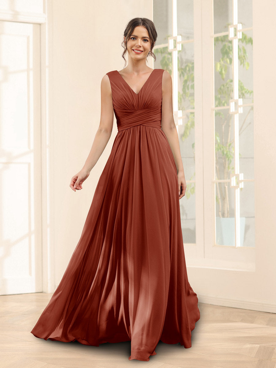 A-Line V-Neck Sleeveless Chiffon Bridesmaid Dresses With Pockets