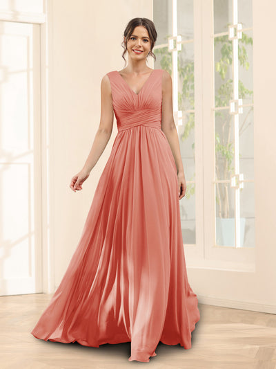 A-Line V-Neck Sleeveless Chiffon Bridesmaid Dresses With Pockets