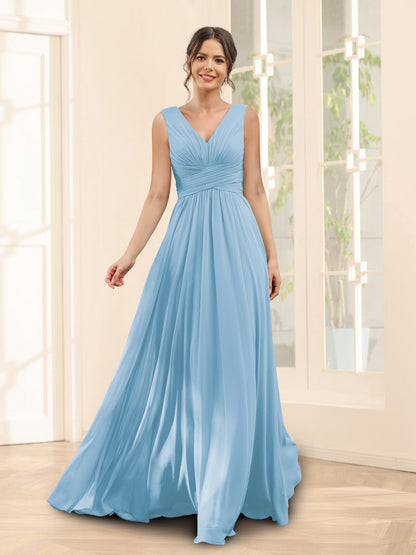 A-Line V-Neck Sleeveless Chiffon Bridesmaid Dresses With Pockets