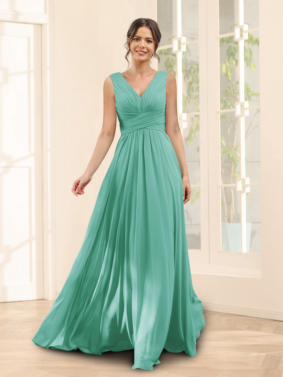 A-Line V-Neck Sleeveless Chiffon Bridesmaid Dresses With Pockets