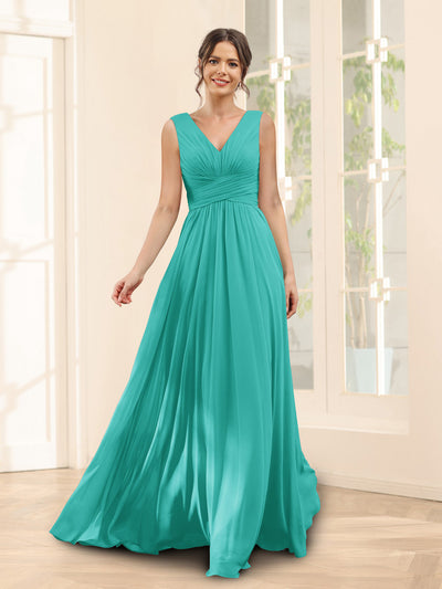 A-Line V-Neck Sleeveless Chiffon Bridesmaid Dresses With Pockets