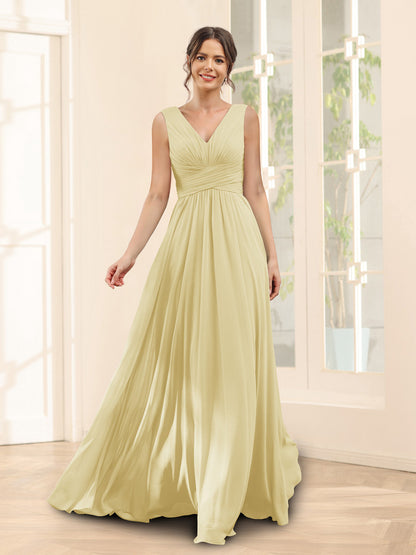 A-Line V-Neck Sleeveless Chiffon Bridesmaid Dresses With Pockets