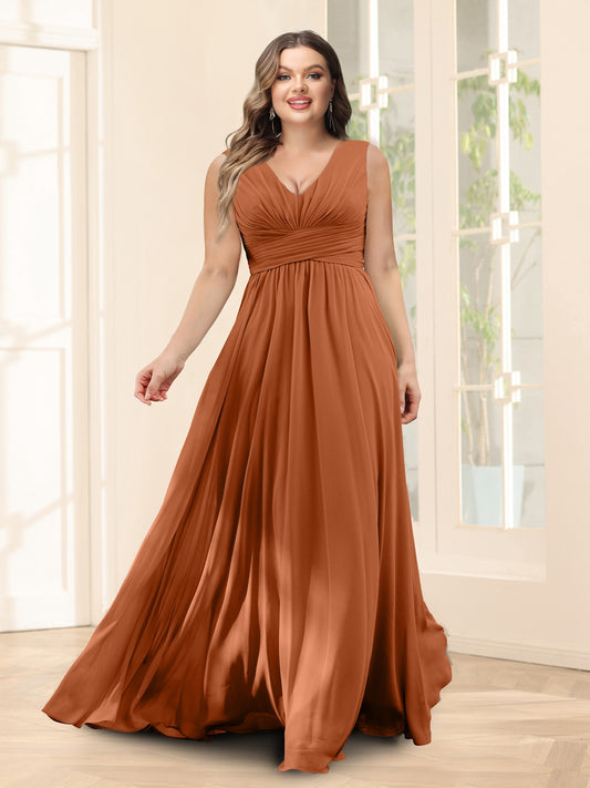 A-Line V-Neck Sleeveless Chiffon Plus Size Bridesmaid Dresses With Pockets