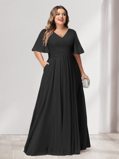 A-Line/Princess V-Neck Half Sleeves Chiffon Plus Size Bridesmaid Dresses with Pockets