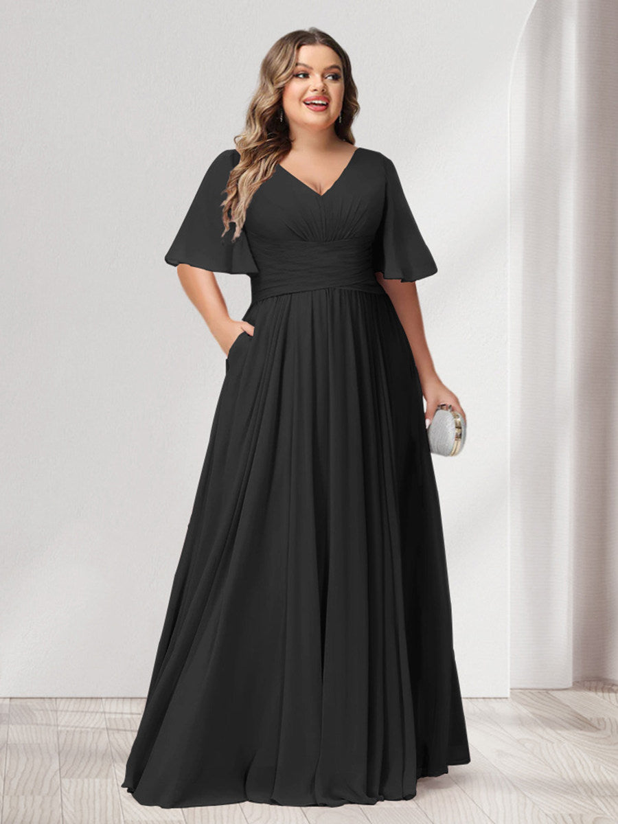 A-Line/Princess V-Neck Half Sleeves Chiffon Plus Size Bridesmaid Dresses with Pockets