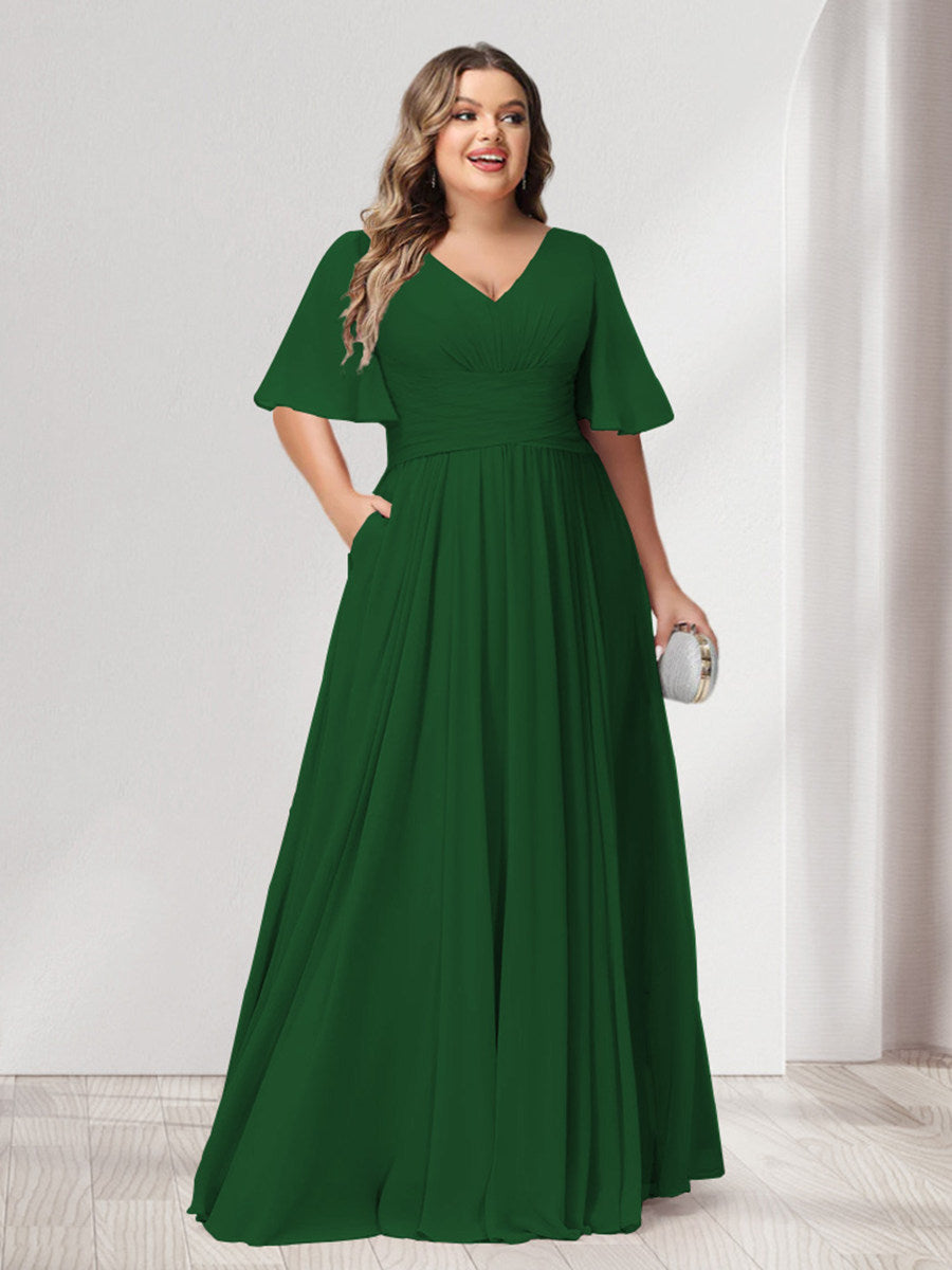 A-Line/Princess V-Neck Half Sleeves Chiffon Plus Size Bridesmaid Dresses with Pockets