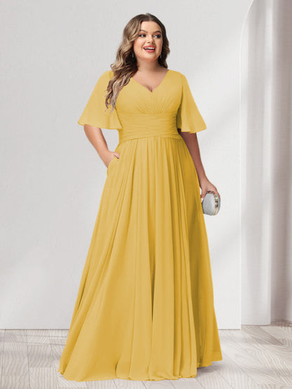 A-Line/Princess V-Neck Half Sleeves Chiffon Plus Size Bridesmaid Dresses with Pockets