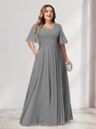 A-Line/Princess V-Neck Half Sleeves Chiffon Plus Size Bridesmaid Dresses with Pockets