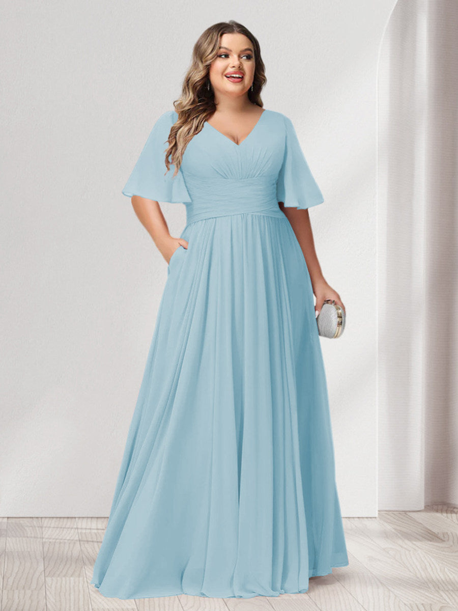 A-Line/Princess V-Neck Half Sleeves Chiffon Plus Size Bridesmaid Dresses with Pockets