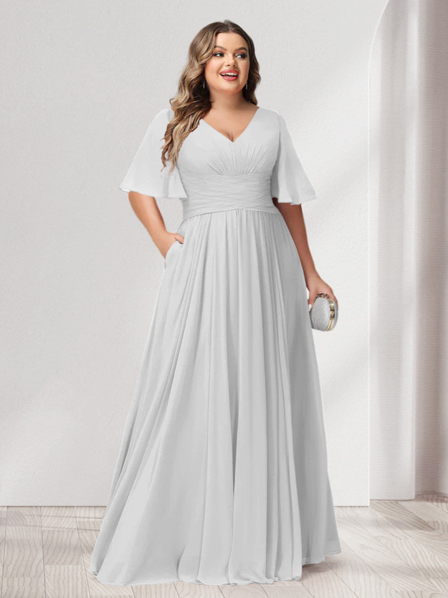 A-Line/Princess V-Neck Half Sleeves Chiffon Plus Size Bridesmaid Dresses with Pockets