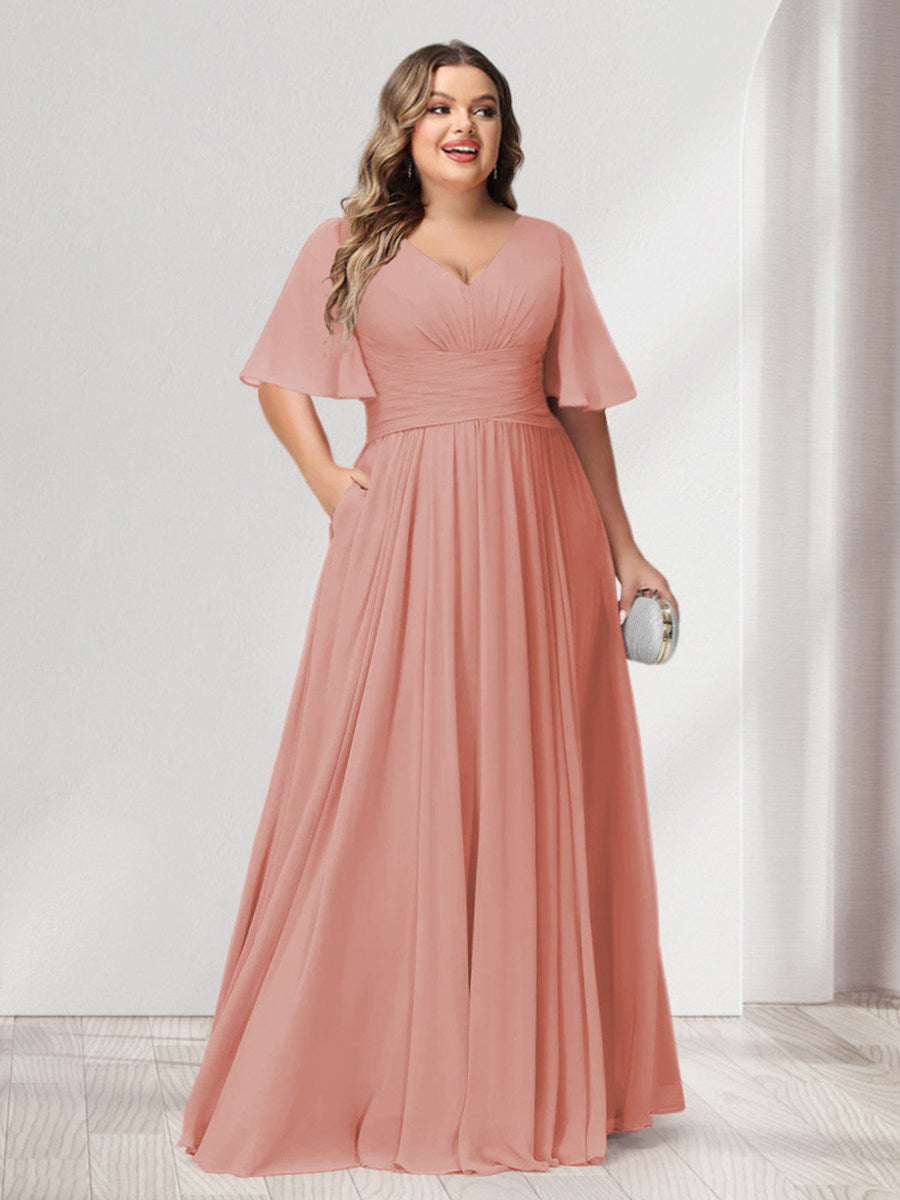 A-Line/Princess V-Neck Half Sleeves Chiffon Plus Size Bridesmaid Dresses with Pockets