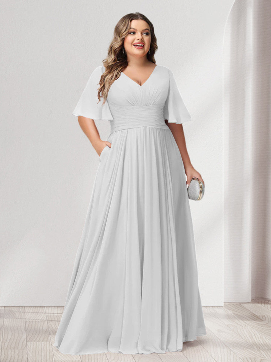 A-Line/Princess V-Neck Half Sleeves Chiffon Plus Size Bridesmaid Dresses with Pockets