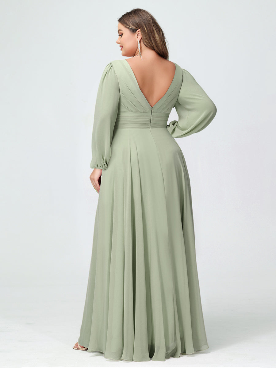 A-Line/Princess V-Neck Long Sleeeves Chiffon Ruffles Plus Size Bridesmaid Dresses with Pockets