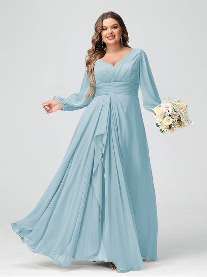 A-Line/Princess V-Neck Long Sleeeves Chiffon Ruffles Plus Size Bridesmaid Dresses with Pockets