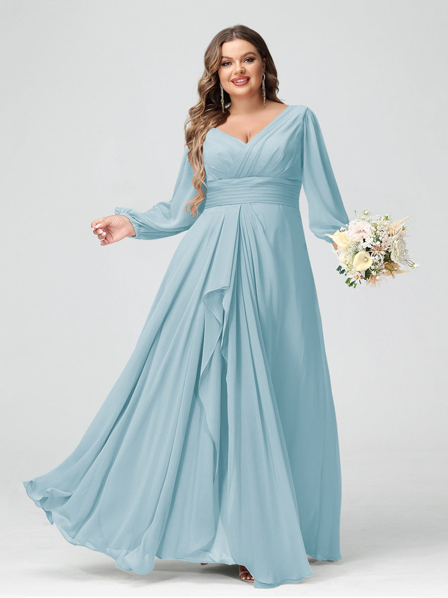 A-Line/Princess V-Neck Long Sleeeves Chiffon Ruffles Plus Size Bridesmaid Dresses with Pockets